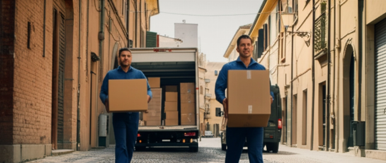 Traslocatori professionisti caucasici caricano scatole in un edificio storico a Ferrara, con un camion dei traslochi su una strada acciottolata.