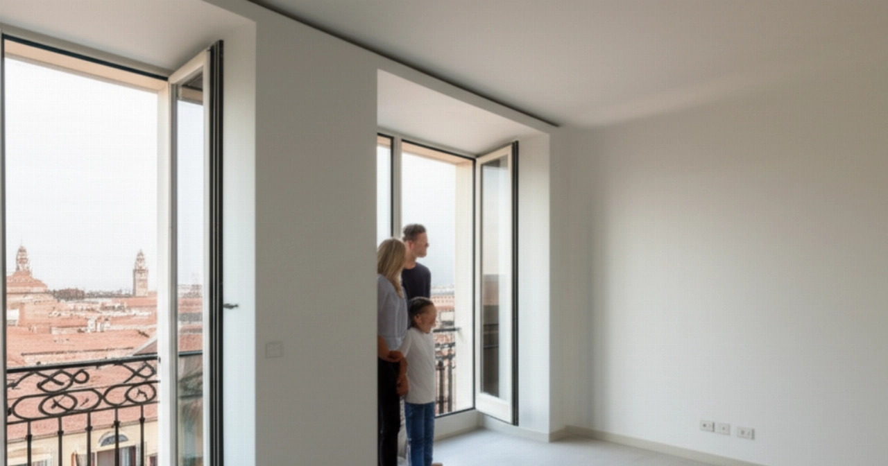 Famiglia caucasica in una stanza luminosa e vuota a Ferrara, con vista panoramica sui tetti della città e sul Castello Estense.