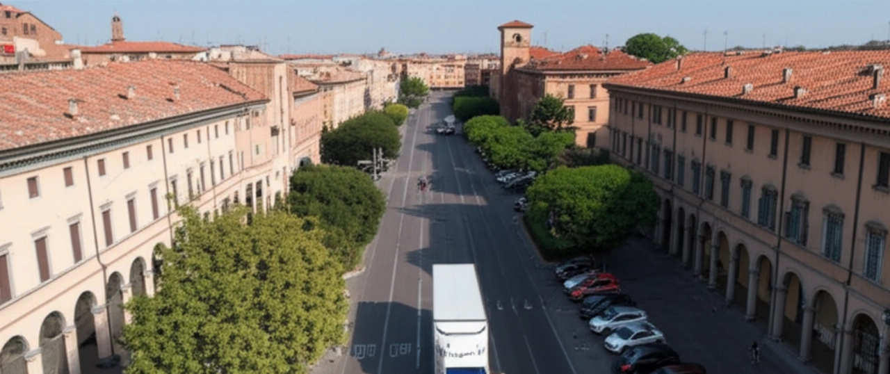Veduta aerea di un trasloco su larga scala in una strada di Ferrara, con un camion e traslocatori in un paesaggio urbano dettagliato.