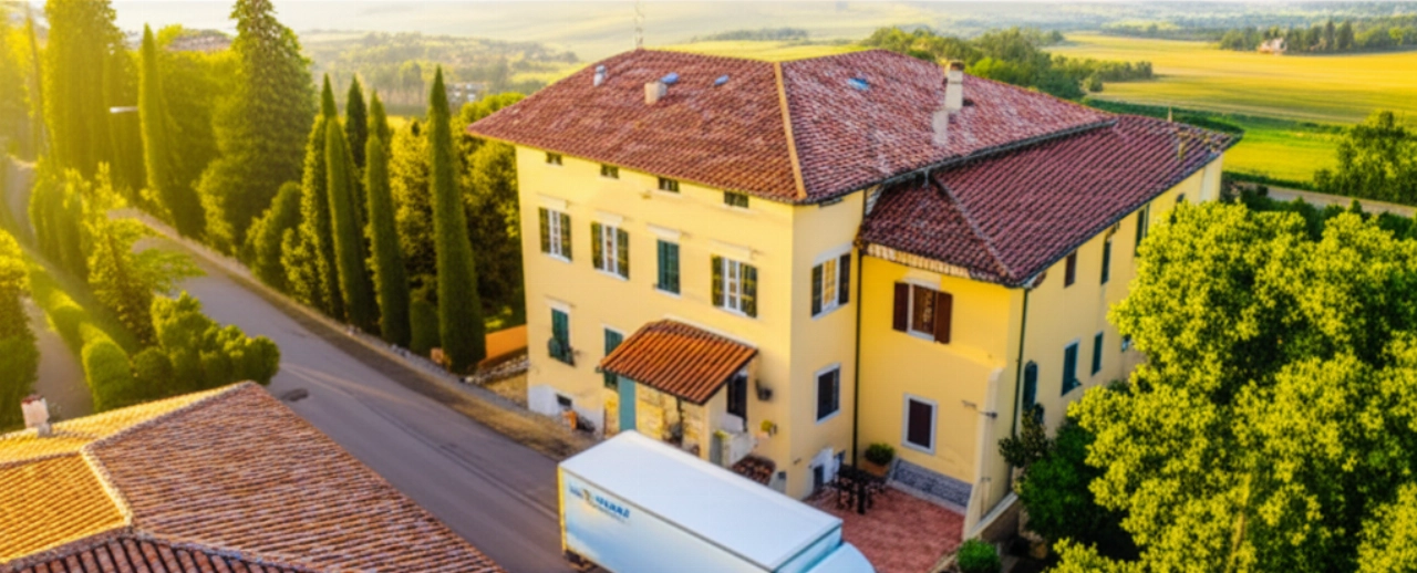 Vista aerea di un moderno camion per traslochi parcheggiato in una tranquilla strada residenziale italiana.