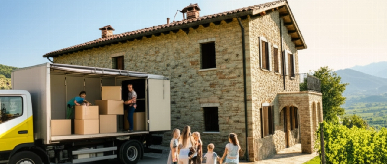Famiglia felice che scarica un camion di traslochi in una pittoresca casa in pietra nel Friuli Venezia Giulia, con vigneti e montagne sullo sfondo.