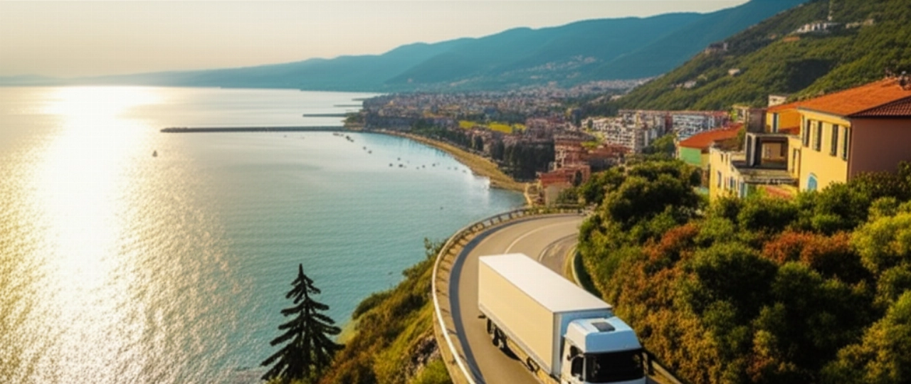 Vista aerea iperrealistica di un camion di traslochi che percorre una strada costiera nel Friuli Venezia Giulia, con il mare Adriatico e una città sullo sfondo.
