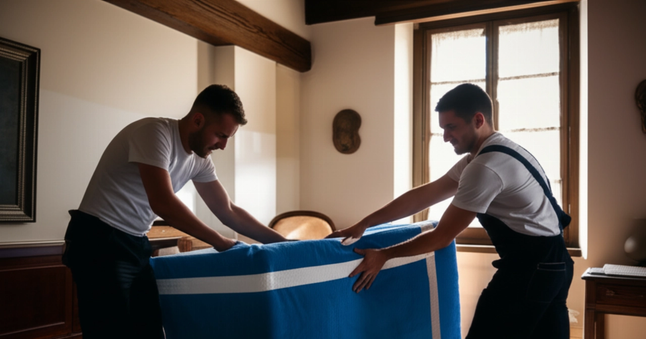Due traslocatori caucasici professionisti che imballano con cura i mobili all'interno di un soggiorno luminoso, mostrando attenzione ai dettagli.