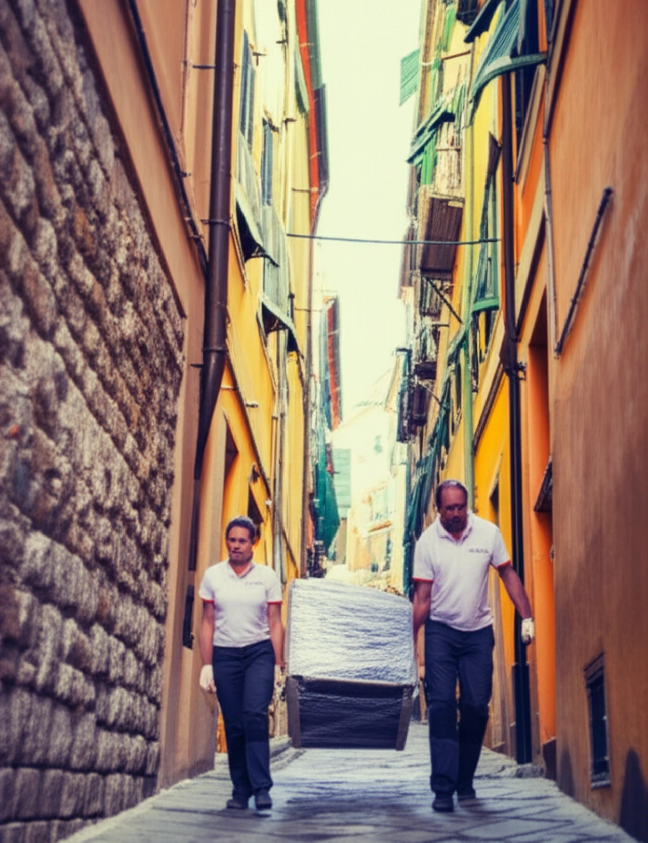 Traslocatori professionisti trasportano mobili in un tipico carrugio di Genova, mettendo in risalto l'architettura storica.