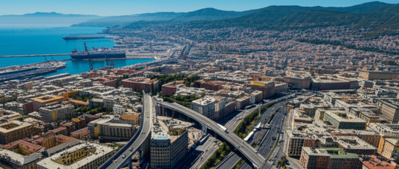 Vista aerea iperrealistica di Genova, con furgoni per traslochi che si muovono attraverso il paesaggio urbano.