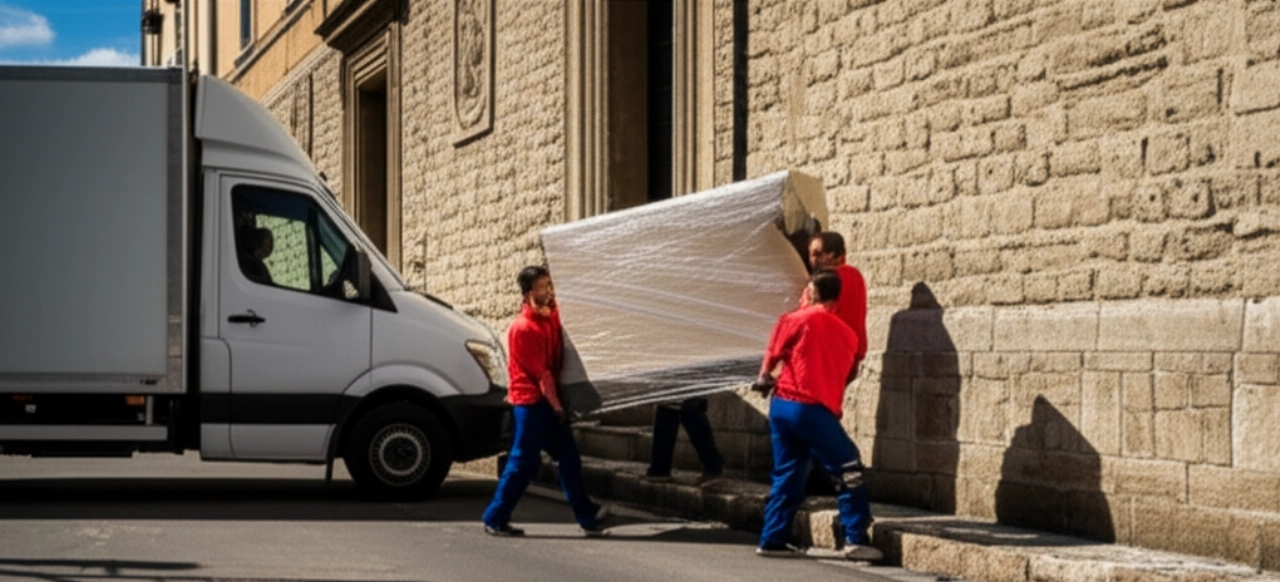 Moving day in Gorizia: Caucasian professionals carefully load antique furniture into a modern truck, with historic Gorizia architecture in the background.