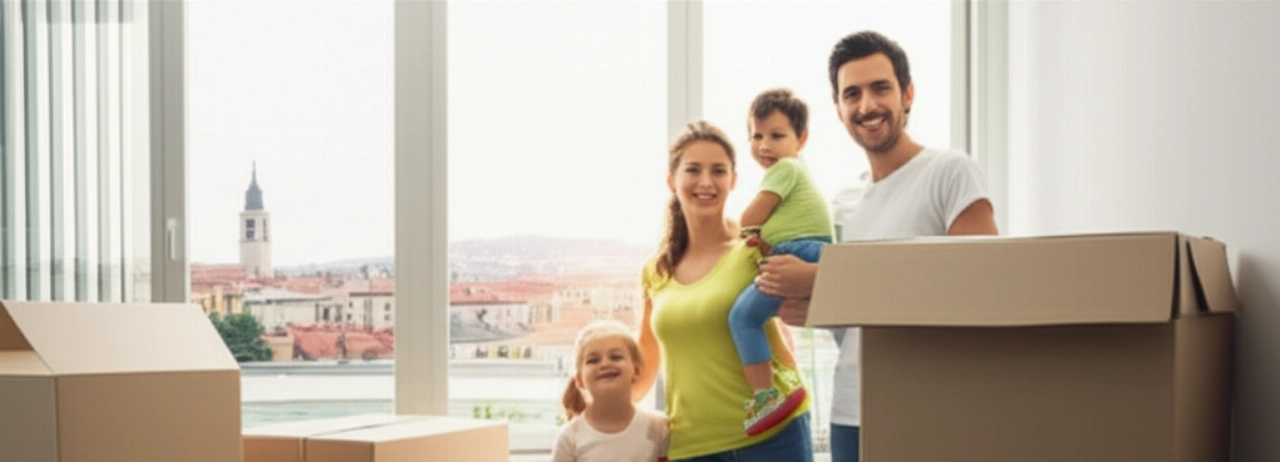 Happy Caucasian family in a new home in Gorizia, surrounded by moving boxes, with a city view.