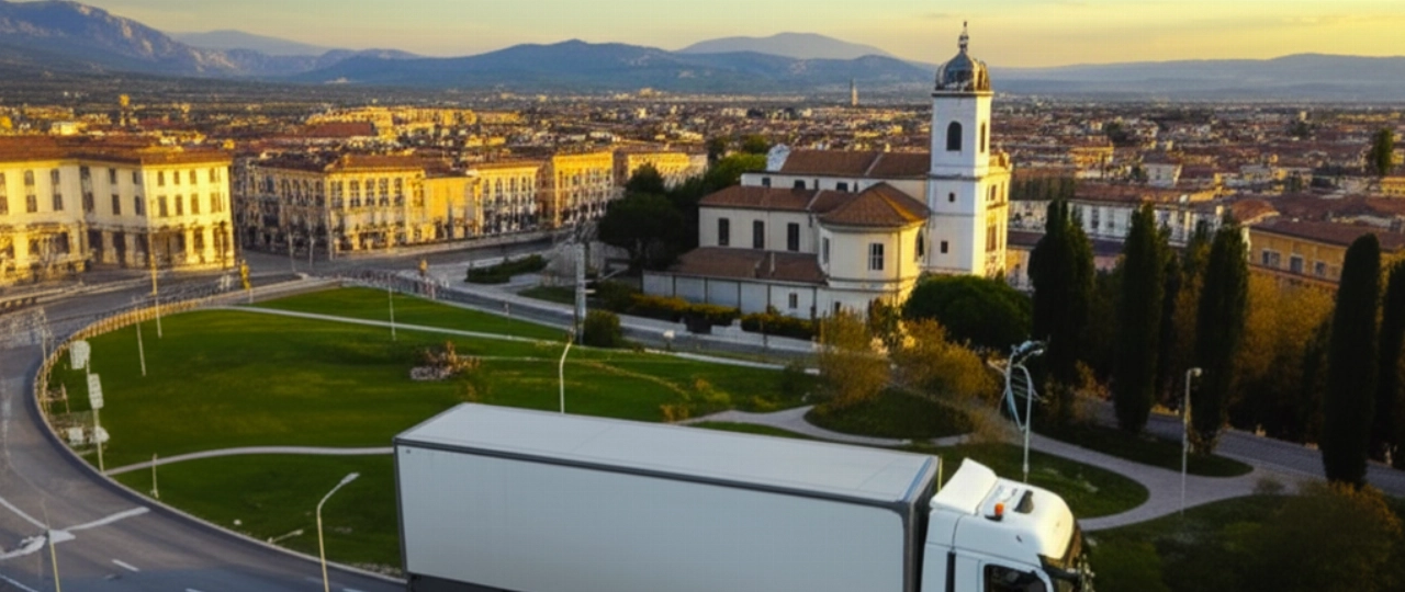Hyperrealistic aerial view of Gorizia with a moving truck navigating the city streets at sunset.