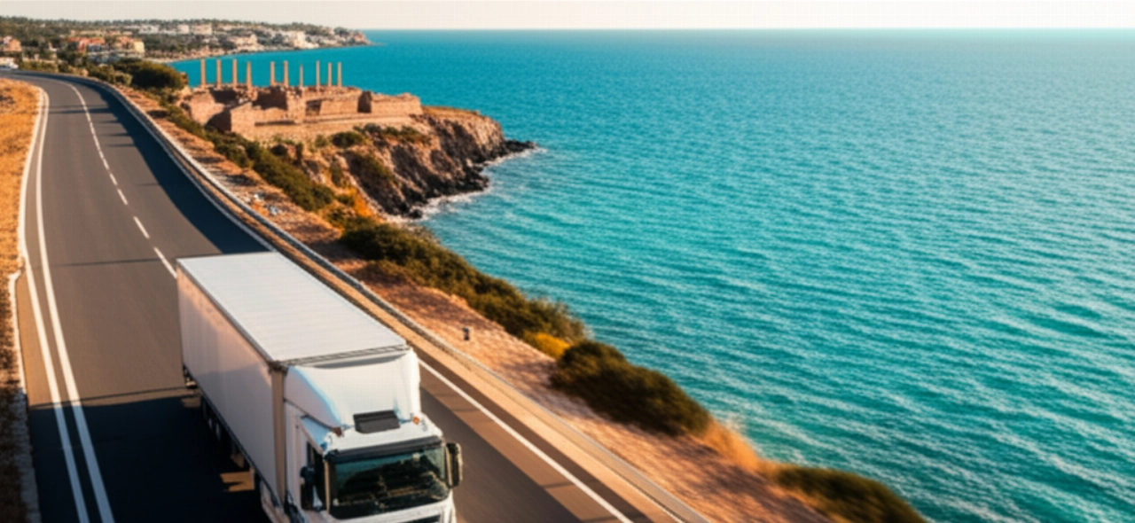 Camion dei traslochi su un'autostrada costiera con rovine greche e ville italiane sullo sfondo, al tramonto.