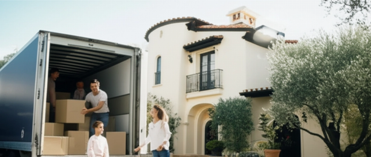 Famiglia caucasica che scarica scatoloni da un camion dei traslochi davanti a una villa mediterranea, simbolo di un nuovo inizio.