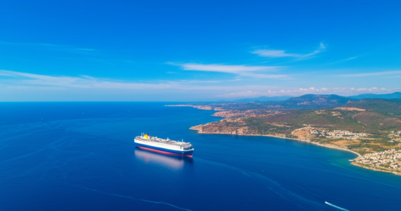 Vista aerea di una nave cargo che attraversa il Mar Ionio, collegando le coste della Grecia e dell'Italia.