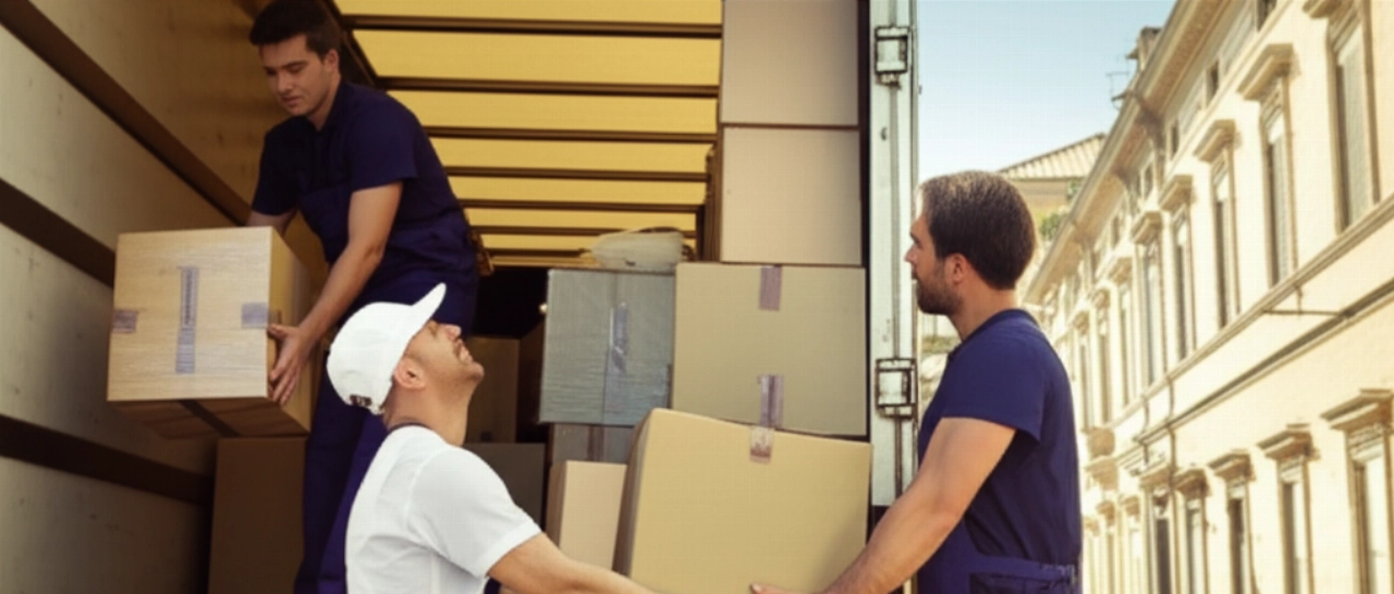 Professional moving team loading a truck on a sunny street in Grosseto, with historic buildings in the background.