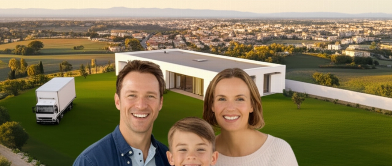 Felice famiglia caucasica davanti alla loro nuova casa a Grosseto, con una splendida vista aerea della città e del paesaggio toscano.