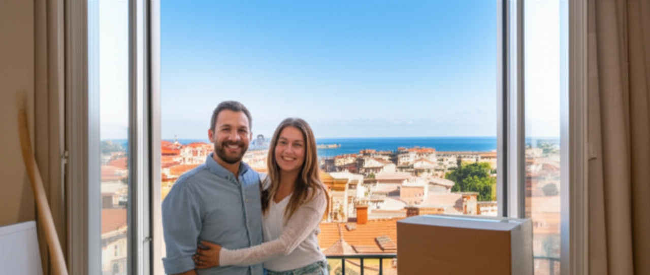 Coppia felice nel nuovo appartamento a Imperia, con vista mozzafiato sul mare e scatoloni parzialmente aperti, che simboleggia un nuovo inizio.