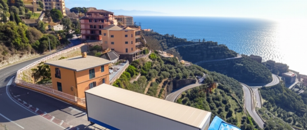 Vista aerea iperrealistica di un camion dei traslochi a Imperia, con il paesaggio ligure e il mare sullo sfondo, che mostra la bellezza e l'accessibilità della zona.