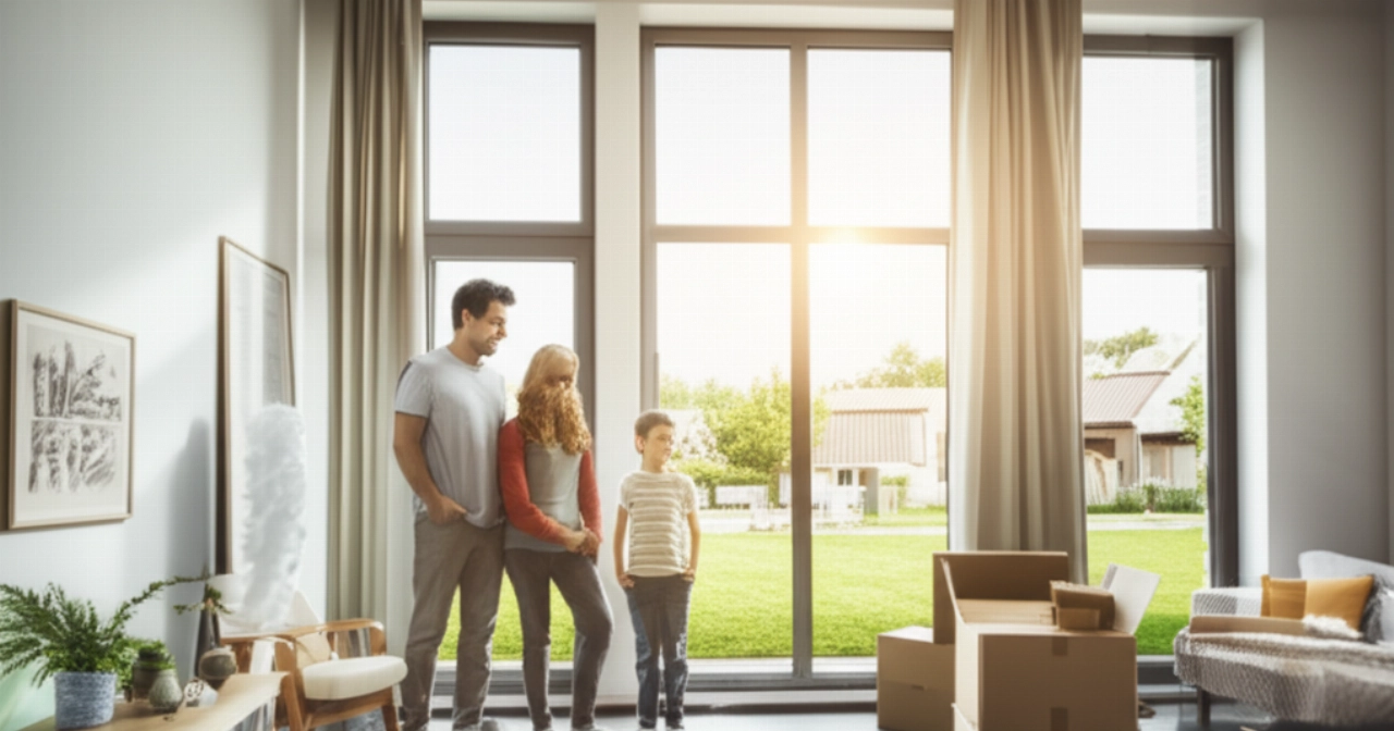 Famiglia caucasica felice e ottimista in un nuovo soggiorno luminoso, con scatole per traslochi parzialmente aperte e luce solare che entra dalle finestre.