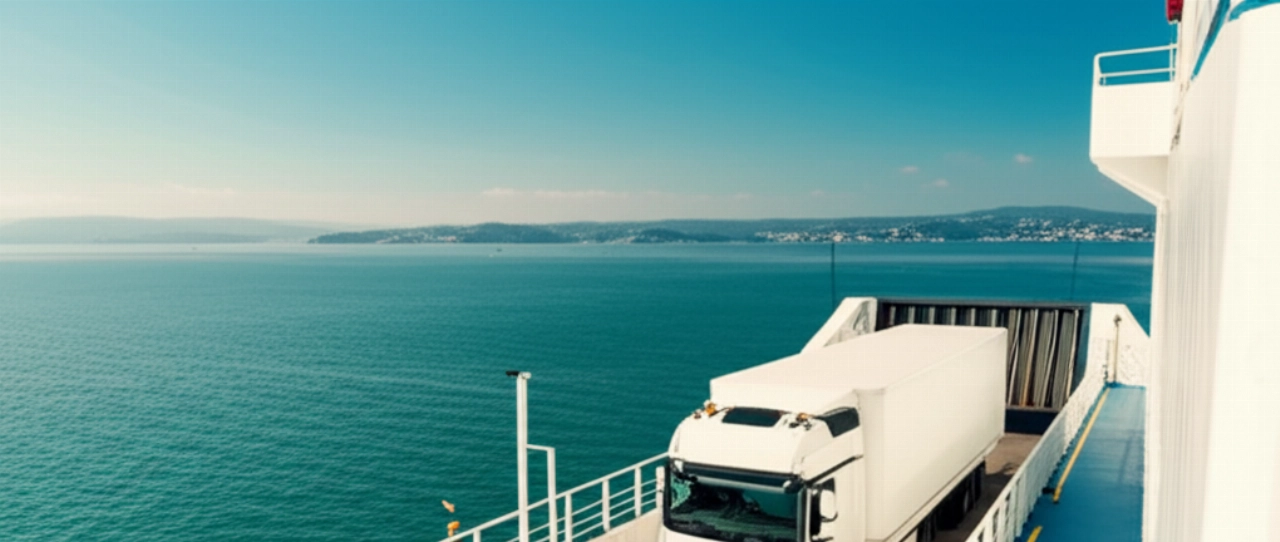 Vista aerea iperrealistica di un camion per traslochi internazionali che si imbarca su un traghetto, simboleggiando il viaggio dall'Irlanda all'Italia.