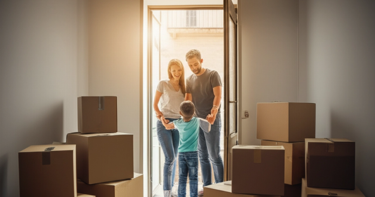 Una famiglia caucasica felice nella porta del loro nuovo appartamento all'Aquila, circondata da scatoloni, simboleggiando un nuovo inizio.