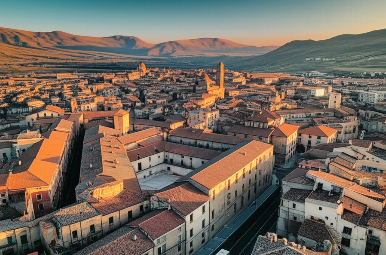 Veduta aerea iperrealistica all'alba della città storica dell'Aquila, con un camion dei traslochi in movimento, simboleggiando la logistica.