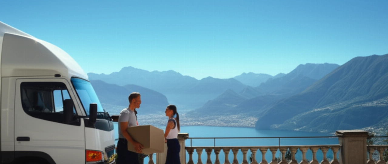 Mudanceros profesionales cargan cuidadosamente cajas en un camión moderno, con el impresionante telón de fondo del Lago de Como y las montañas Resegone en Lecco.