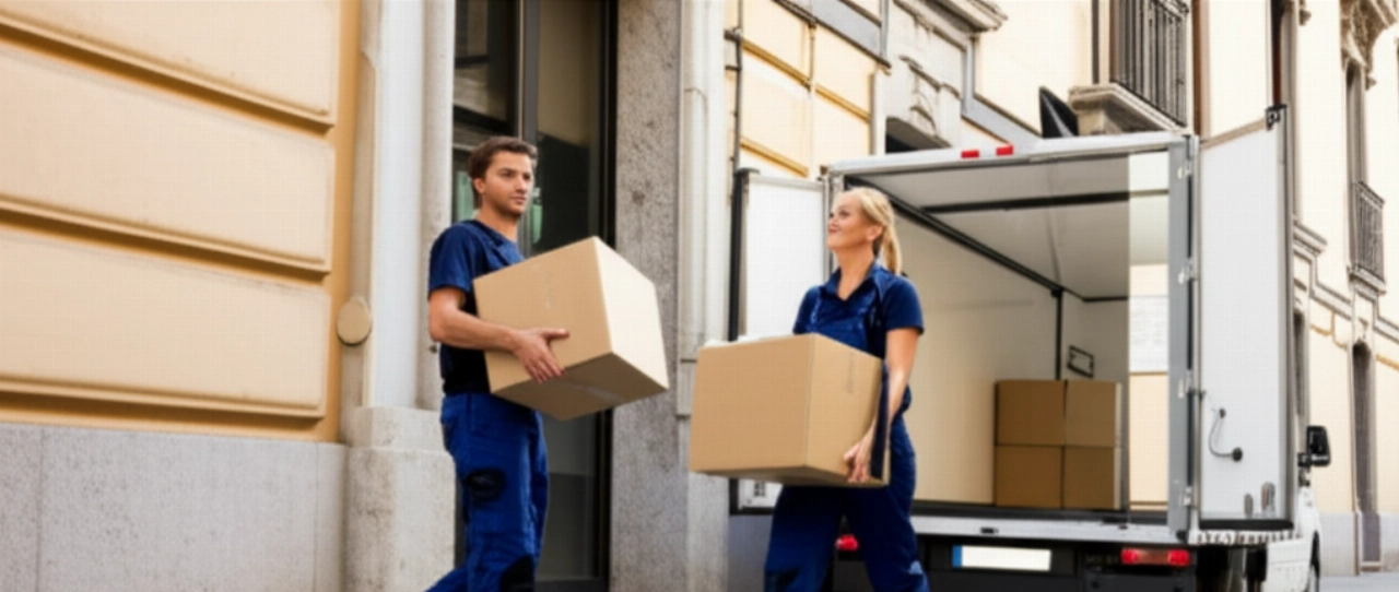 Traslocatori professionisti caucasici che trasportano una scatola in un quartiere storico di Livorno, con un camion moderno sullo sfondo.