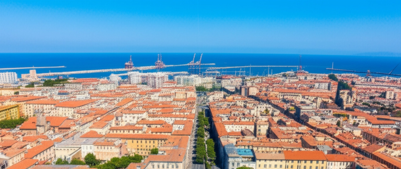 Veduta aerea iperrealistica di Livorno con il porto e la costa, e un camion per traslochi che percorre una strada.