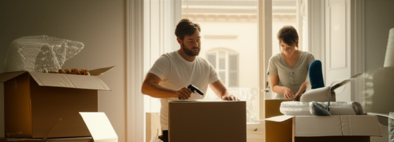 Familia caucásica empacando cuidadosamente cajas de mudanza en una sala de estar luminosa y soleada, con detalles hiperrealistas y luz natural.