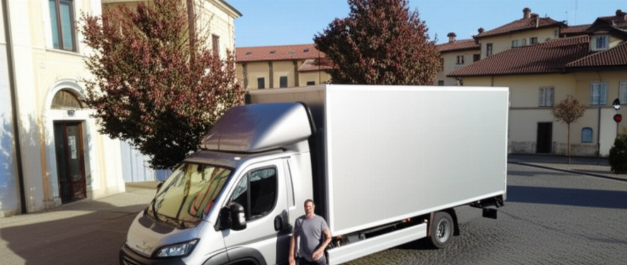 Vista aerea iperrealistica di un moderno furgone per traslochi parcheggiato in una strada di ciottoli in una città italiana, con un traslocatore caucasico.