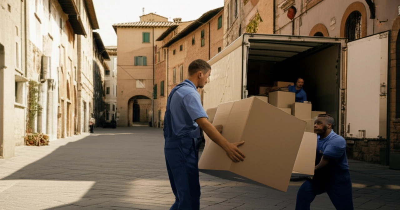 Traslocatori professionisti caucasici caricano scatole su un camion in una strada storica di Lucca sotto il sole.