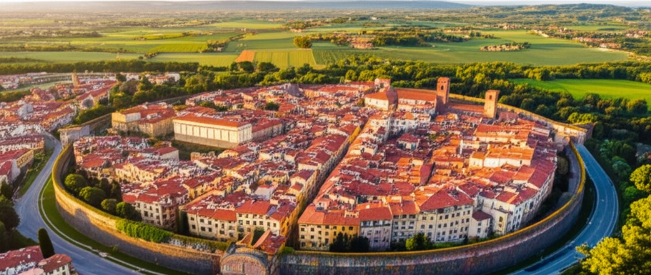 Vista aerea iperrealistica delle mura e dei tetti di Lucca al tramonto, con un camion in avvicinamento.