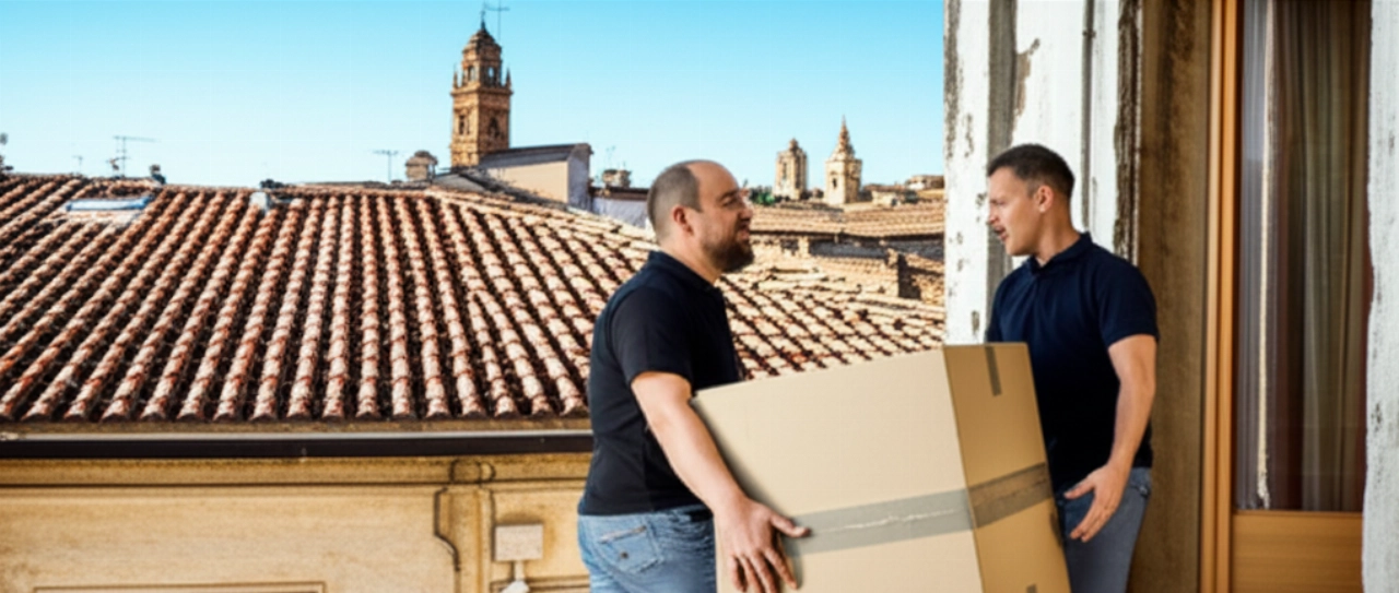 Trasloco professionale a Macerata: due traslocatori portano una scatola fuori da un palazzo storico con vista sulla città.