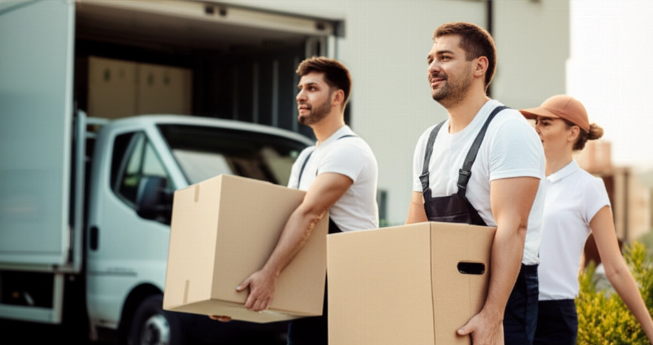 Traslocatori professionisti caucasici caricano con cura scatoloni da una casa nelle Marche, con un camion moderno sullo sfondo, sotto una luce calda e dorata.