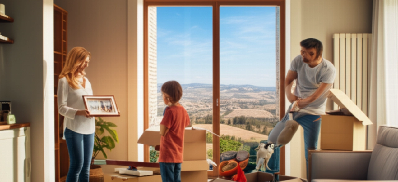 Famiglia caucasica felice che disfa gli scatoloni nella nuova casa nelle Marche, con una vista panoramica mozzafiato delle colline attraverso un'ampia finestra.