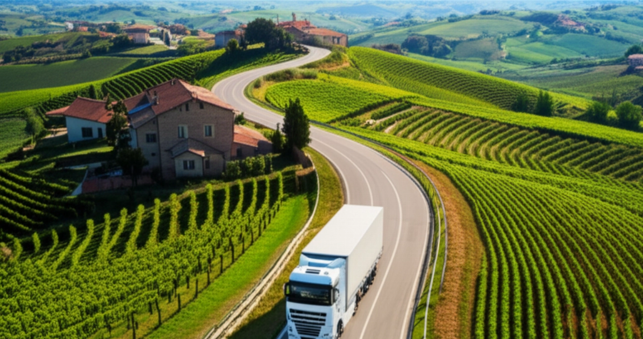 Vista aerea iperrealistica di un camion da trasloco moderno che percorre una strada panoramica tra le colline verdi delle Marche, Italia.