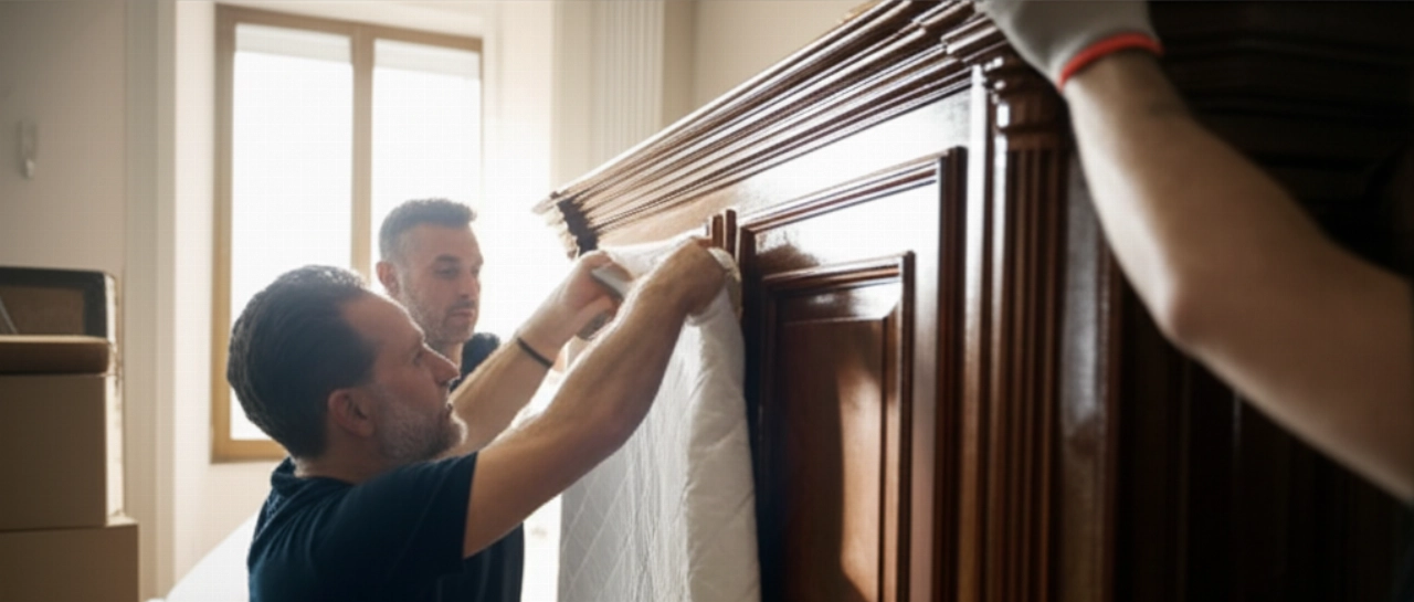 Mudanceros profesionales caucásicos empacando cuidadosamente muebles antiguos en una casa luminosa en Massa Carrara.