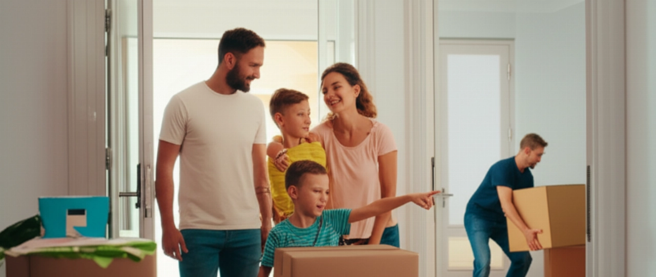 Famiglia caucasica felice nella loro nuova casa a Massa Carrara, con un traslocatore che consegna l'ultima scatola.