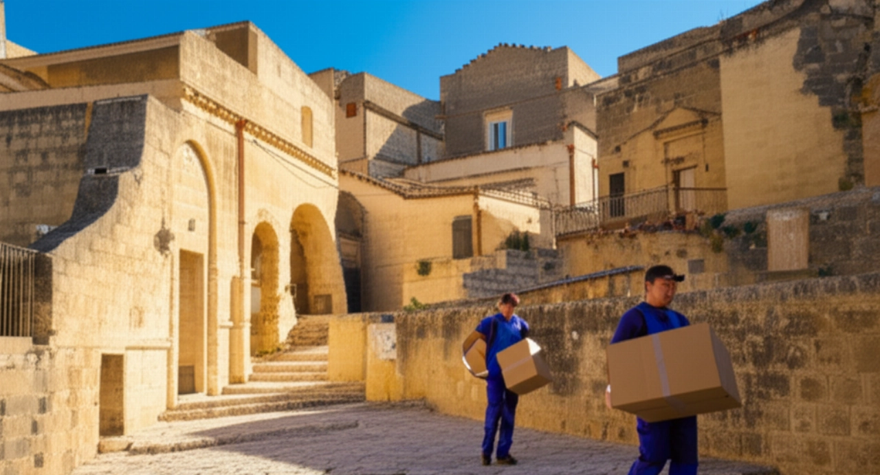 Professionelle Umzugshelfer tragen Kisten alte Treppen in den Sassi di Matera hinunter, mit der historischen Architektur im Sonnenlicht.