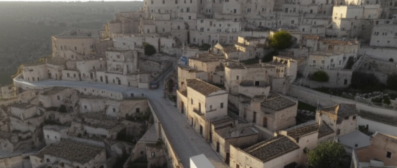 Impresionante vista aérea de un camión de mudanzas navegando por las sinuosas calles de los Sassi de Matera, mostrando el extenso paisaje urbano histórico.