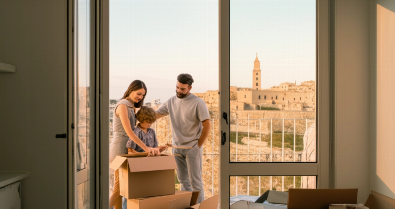 Feliz familia caucásica desempacando cajas en su nuevo hogar en Matera, con una impresionante vista panorámica de los Sassi desde la ventana.