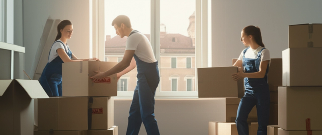 Traslocatori professionisti caucasici impacchettano con cura oggetti in un luminoso soggiorno a Modena, con vista sulla città.