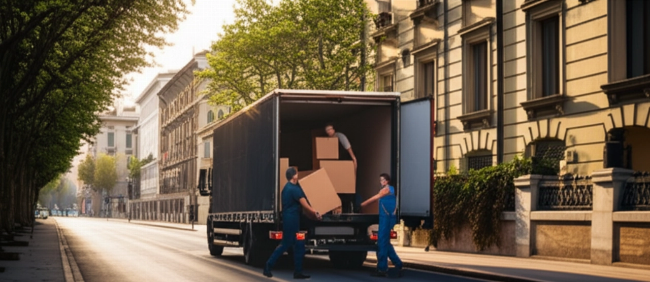 Un moderno furgone per traslochi parcheggiato in una strada alberata di Modena, con traslocatori caucasici che caricano scatole.