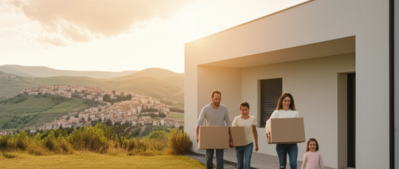 Famiglia caucasica felice che trasloca in una nuova casa moderna, con lo sfondo delle colline molisane.