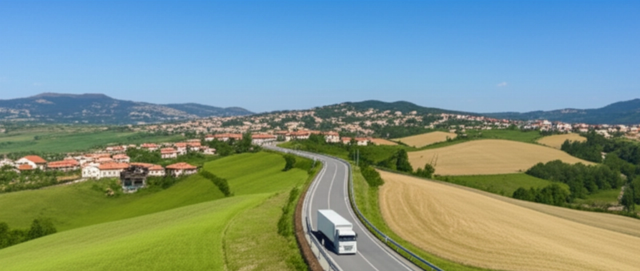 Vista aerea di un camion per traslochi che attraversa le pittoresche colline del Molise.
