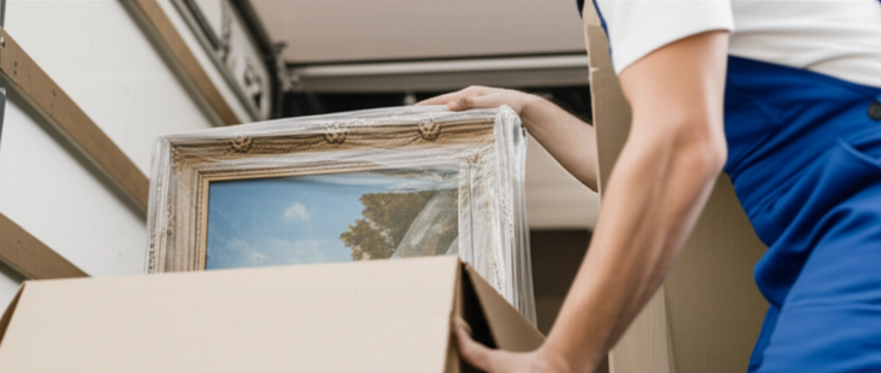 Traslocatore professionista caucasico che maneggia con cura un quadro fragile.