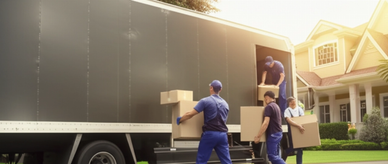 Squadra di traslocatori professionisti caucasici che caricano un camion moderno davanti a una casa, con attenzione ai dettagli iperrealistici.