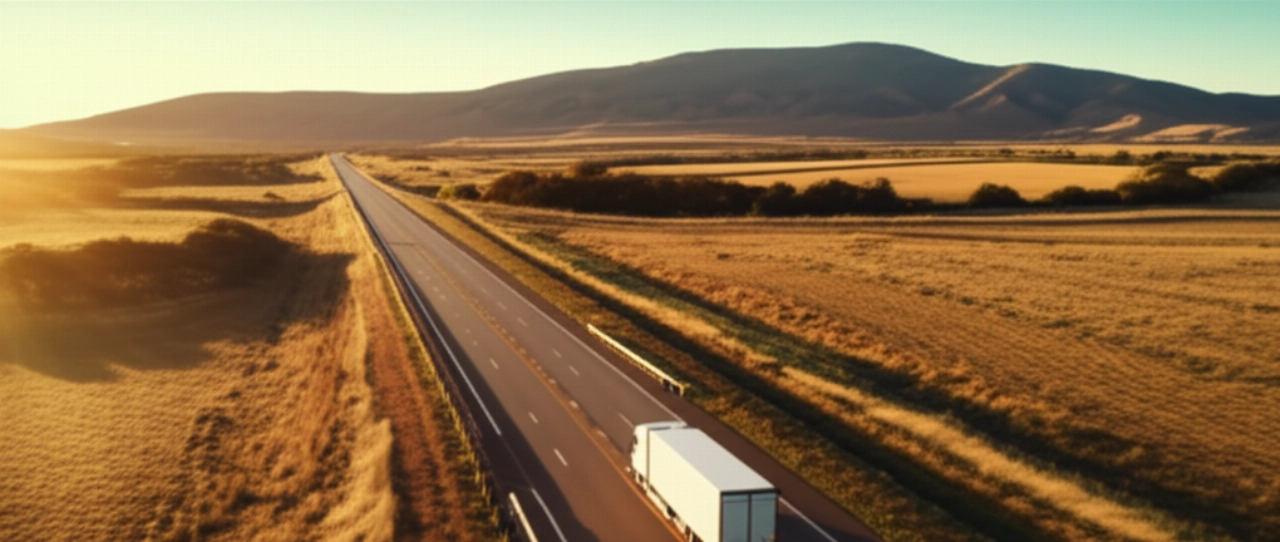 Vista aerea iperrealistica di un camion per traslochi su un'autostrada panoramica che attraversa un vasto paesaggio, che simboleggia un viaggio nazionale.