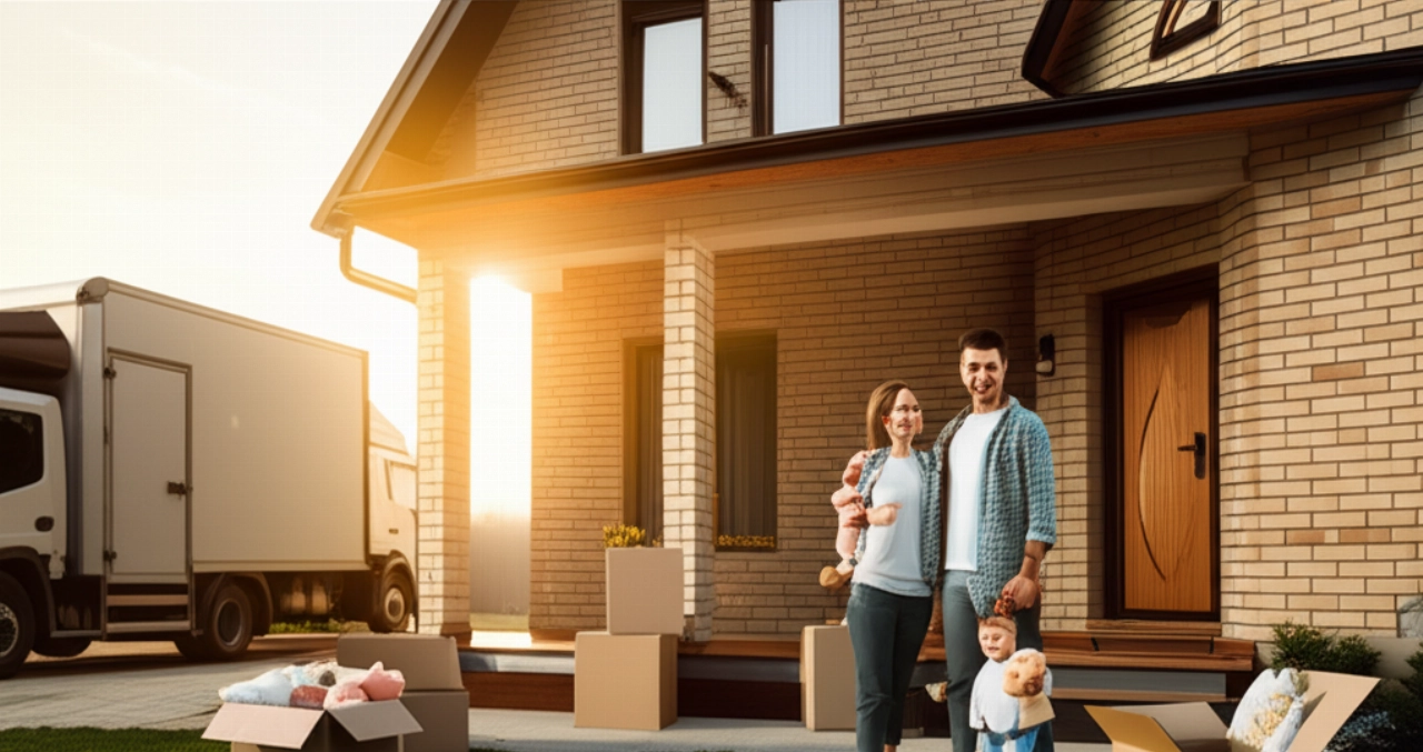 Famiglia caucasica che arriva nella nuova casa con il camion dei traslochi, in un'immagine iperrealistica che evoca nuove partenze.