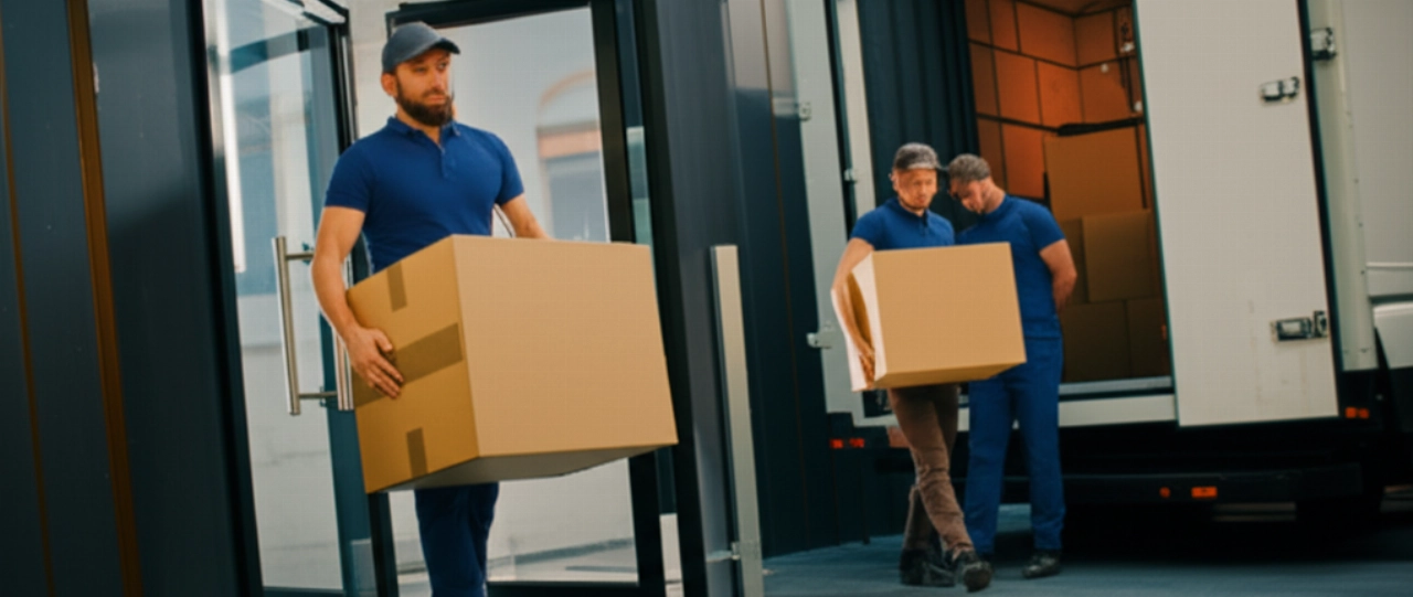 Due traslocatori caucasici professionisti caricano con cura una scatola da un moderno edificio, con un camion per traslochi parcheggiato.