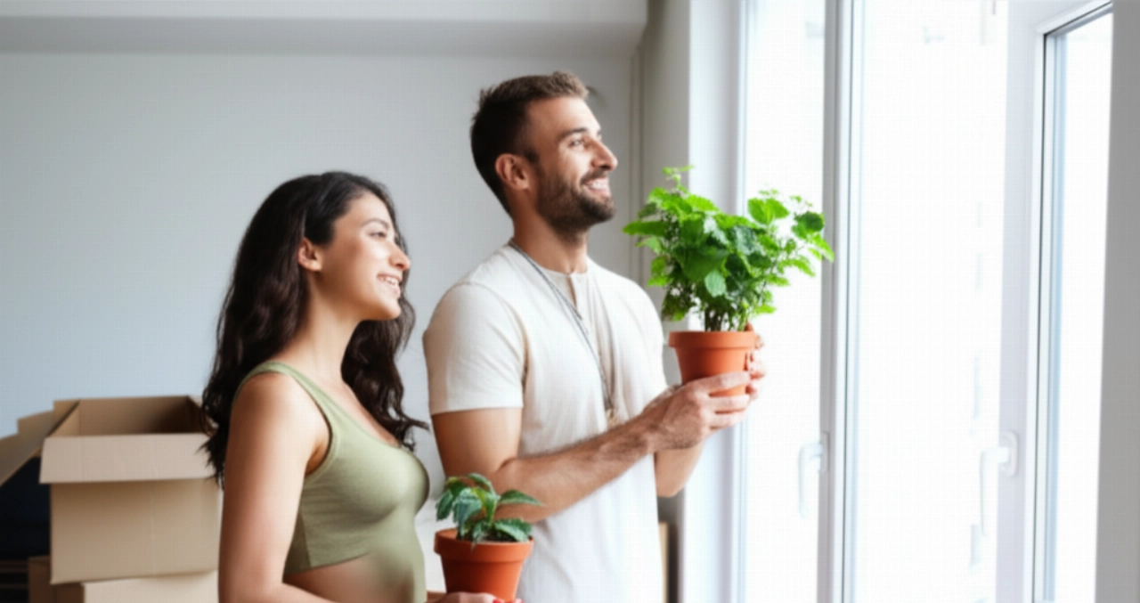 Una coppia caucasica felice in un nuovo salotto, con poche scatole, che simboleggia un nuovo inizio.