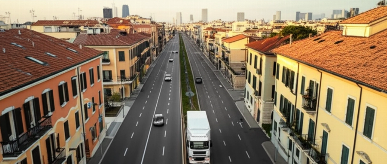 Vista aerea iperrealistica di un grande camion per traslochi che percorre una strada cittadina al tramonto.